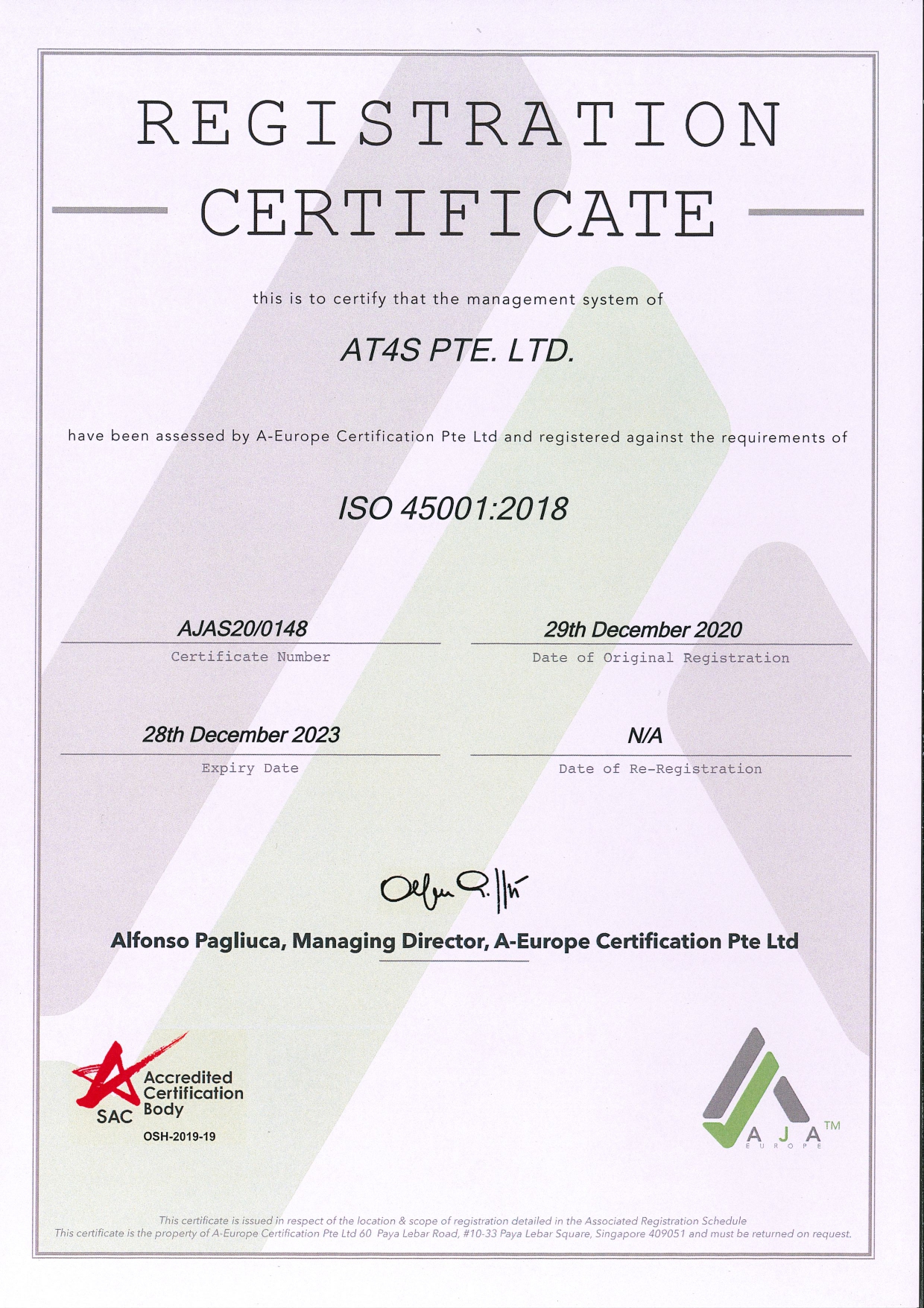 AT4S PTE. LTD. ISO 45001 Certificate